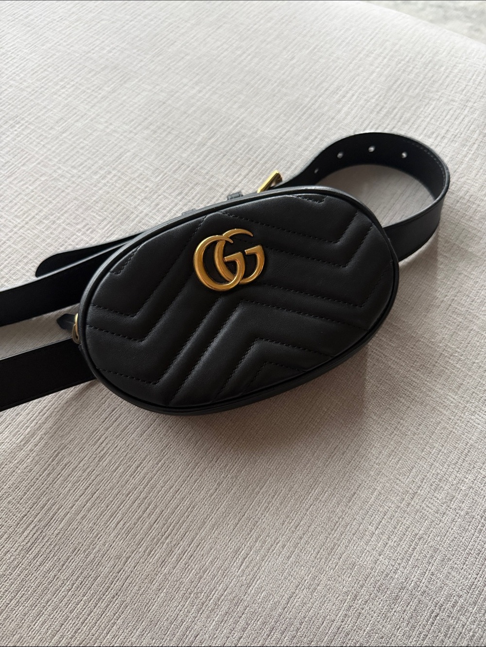 Gucci Black Quilted Oval GG Belt Bag with Gold Hardware